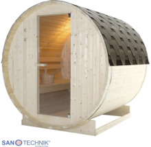 Sudová sauna ze dřeva s prosklenými dveřmi, střechou s asfaltovými šindeli, lavicí, vědrem do sauny a Sanotechnik International Logo.