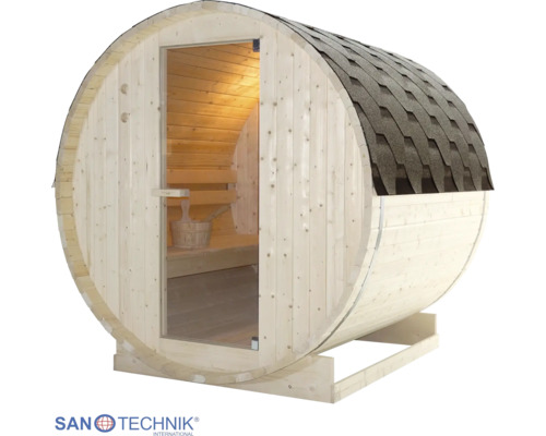 Sudová sauna ze dřeva s prosklenými dveřmi, střechou s asfaltovými šindeli, lavicí, vědrem do sauny a Sanotechnik International Logo.