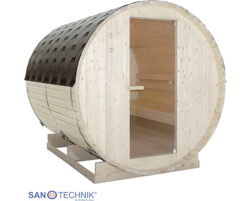 Sudová sauna ze světlého dřeva s tmavou šindelovou střechou, skleněnými dveřmi a dřevěnými lavicemi uvnitř. SanoTechnik Logo.