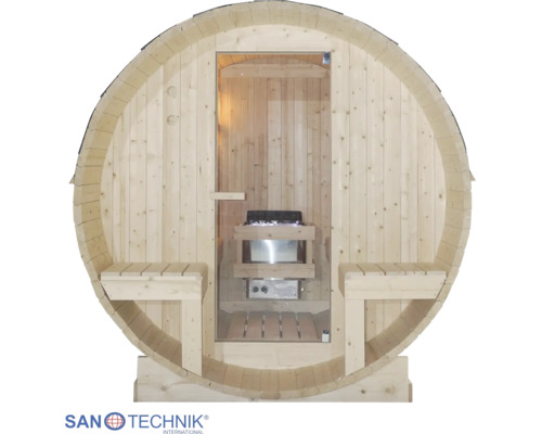 Sudová sauna Sanotechnik ze světlého dřeva se skleněnými dveřmi, venkovními lavicemi a saunovými kamny uvnitř. Sanotechnik International Logo.
