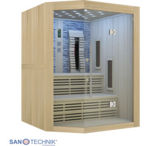 Moderní rohová infrasauna s proskleným čelem, dřevěnými lavicemi, infrázářiči a zadní stěnou s dekorem kamene. Sanotechnik International Logo.