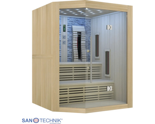 Moderní rohová infrasauna s proskleným čelem, dřevěnými lavicemi, infrázářiči a zadní stěnou s dekorem kamene. Sanotechnik International Logo.