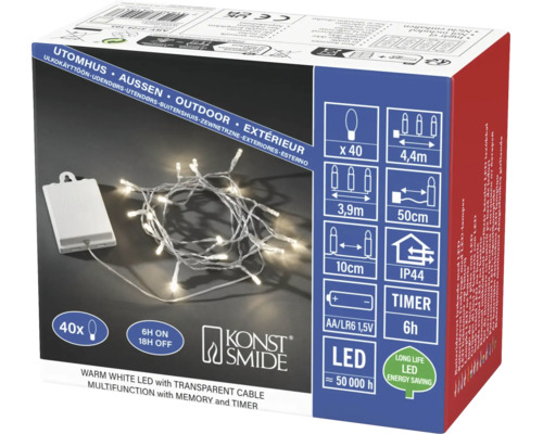 Konstsmide LED světelný řetěz pro venkovní použití, teplá bílá, 40 diod, průhledný kabel, na baterie s časovačem.