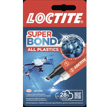 Sada Loctite Super Bond All Plastics, 2 gramy lepidla, 4 mililitry aktivátoru, 28 procent biologického obsahu, Loctite Logo, Henkel Logo.