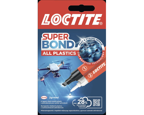 Sada Loctite Super Bond All Plastics, 2 gramy lepidla, 4 mililitry aktivátoru, 28 procent biologického obsahu, Loctite Logo, Henkel Logo.
