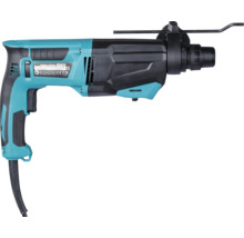 Vrtací kladivo Makita HR2670 v petrolejové a černé barvě s hloubkovým dorazem a síťovým kabelem.