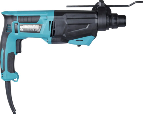 Vrtací kladivo Makita HR2670 v petrolejové a černé barvě s hloubkovým dorazem a síťovým kabelem.