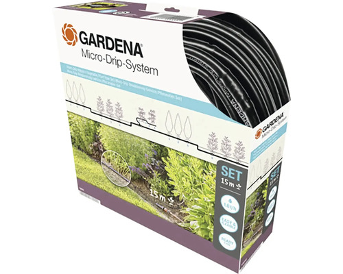 Zavlažovací sada Gardena Micro-Drip-System pro zeleninové a rostlinné záhony, délka 15 metrů, 1,6 litru za hodinu, připraveno k použití.