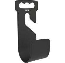 Černý nástěnný držák for.q z plastu na zahradní hadice nebo nářadí s rukojetí, hákem a for.q Logo.