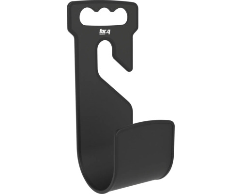 Černý nástěnný držák for.q z plastu na zahradní hadice nebo nářadí s rukojetí, hákem a for.q Logo.