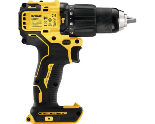 Akumulátorový příklepový vrtací šroubovák DeWALT DCD709 s napětím 18 Voltů a bezuhlíkovým motorem.