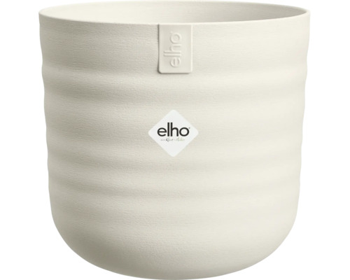 Kulatý květináč Elho s horizontálně vroubkovanou povrchovou strukturou a Elho Logo.