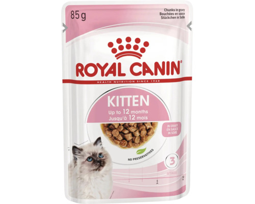 Royal Canin Logo, mokré krmivo Royal Canin Kitten, kousky v omáčce, 85 gramů, pro koťata do 12 měsíců, bez konzervantů.