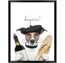 Rámovaný obraz s Jack Russell teriérem s baretem, knírem, lahví vína a bagetou. Nápis bonjour.