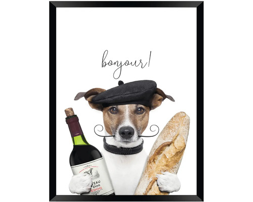 Rámovaný obraz s Jack Russell teriérem s baretem, knírem, lahví vína a bagetou. Nápis bonjour.