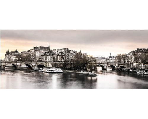 Panoramatický nástěnný obraz Paříže se Seinou, mostem Pont Neuf a historickými budovami za soumraku.