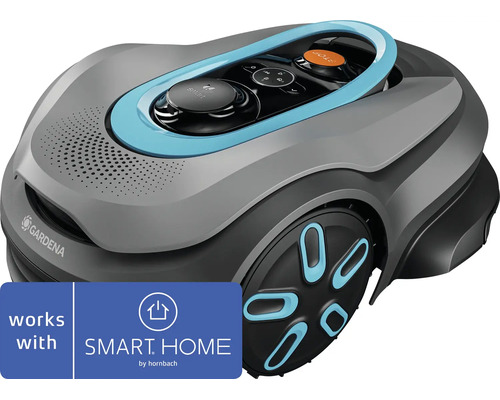 Robotická sekačka Gardena, kompatibilní se SMART HOME by hornbach, šedé tělo s modrými detaily a ovládacím panelem.