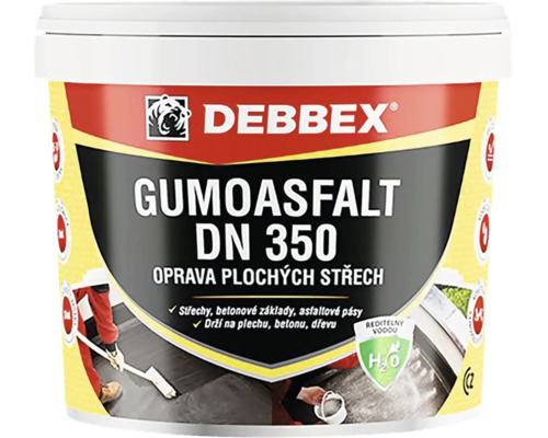 Debbex Gumoasfalt DN 350 pro opravu plochých střech, vodou ředitelný, přilne k betonu, kovu a dřevu.