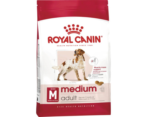 Granule Royal Canin Medium Adult pro psy starší 12 měsíců od 11 do 25 kilogramů na podporu svalové hmoty a zdraví.