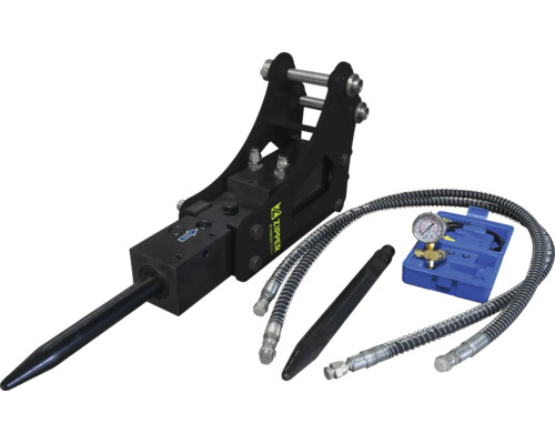 Hydraulické kladivo Zipper pro minibagry včetně sekáče, hydraulických hadic a sady manometru.