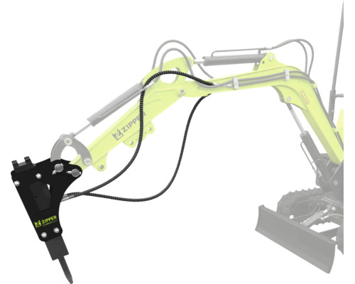 Hydraulické bourací kladivo Zipper pro bagry, namontované na rameni bagru.