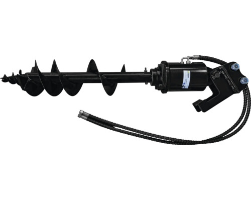 Hydraulický zemní vrták z černého kovu se spirálovým ostřím, hydraulickými hadicemi a Zipper Logo.