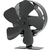 Černý krbový ventilátor s pěti lopatkami a ochranným kroužkem.