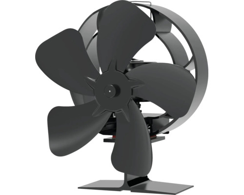 Černý krbový ventilátor s pěti lopatkami a ochranným kroužkem.