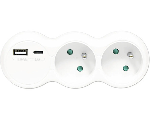 Zásuvkový adaptér se dvěma zásuvkami a dvěma USB porty, typ A a typ C.