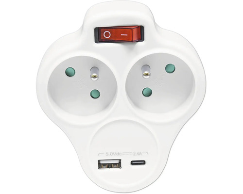 Dvojitý zásuvkový adaptér s vypínačem, jedním portem USB-A a jedním portem USB-C, bílý.