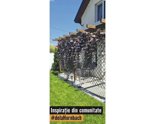 Dřevěná pergola s mřížkou a kvetoucími popínavými rostlinami na terase u domu vedle trávníku.