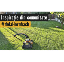 Udržovaný trávník se sekačkou v popředí a robotickou sekačkou v pozadí. Text Inspirace z komunity hashtag od Hornbachu.
