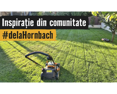 Udržovaný trávník se sekačkou v popředí a robotickou sekačkou v pozadí. Text Inspirace z komunity hashtag od Hornbachu.