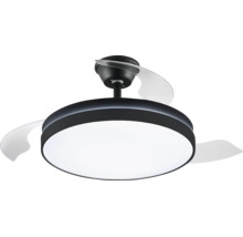 Moderní stropní ventilátor s LED osvětlením a výsuvnými lopatkami.
