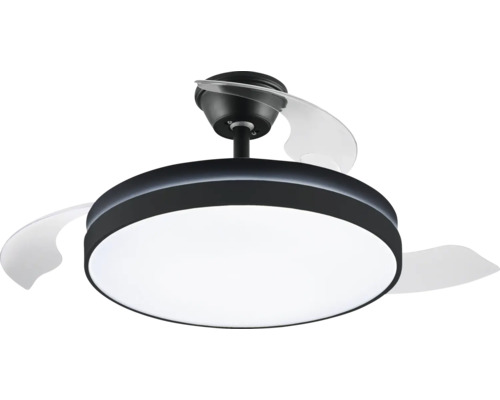 Moderní stropní ventilátor s LED osvětlením a výsuvnými lopatkami.