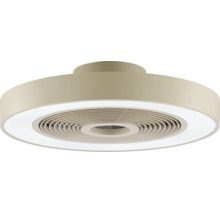 Moderní stropní ventilátor s integrovaným LED světelným kruhem a kulatým krytem.