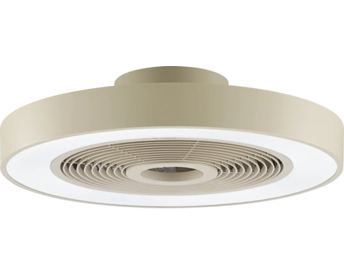 Moderní stropní ventilátor s integrovaným LED světelným kruhem a kulatým krytem.
