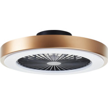 Moderní kulatý stropní ventilátor v bronzovém vzhledu s integrovaným LED světelným kruhem a ochrannou mřížkou.