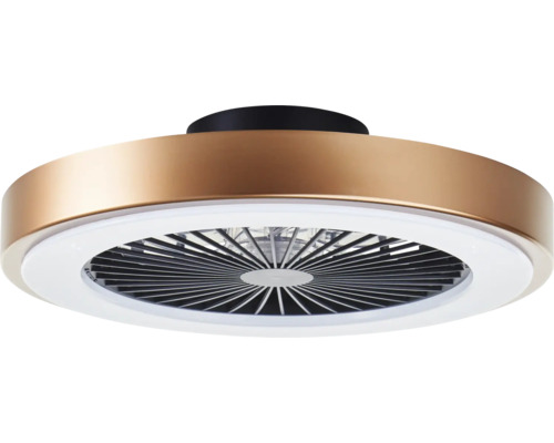 Moderní kulatý stropní ventilátor v bronzovém vzhledu s integrovaným LED světelným kruhem a ochrannou mřížkou.