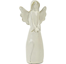 Stylizovaná keramická figurka anděla se zlatými akcenty, roztaženými křídly a sepjatýma rukama.