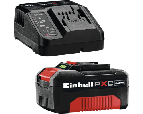 Startovací sada akumulátoru Einhell Power X-Change obsahující 4,0 Ampérhodinový akumulátor a odpovídající nabíječku pro elektrické nářadí.