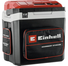Hybridní chladicí box Einhell s rukojetí, otvírákem na lahve a kapsami na akumulátor a příslušenství.