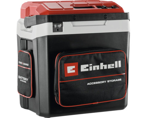 Hybridní chladicí box Einhell s rukojetí, otvírákem na lahve a kapsami na akumulátor a příslušenství.