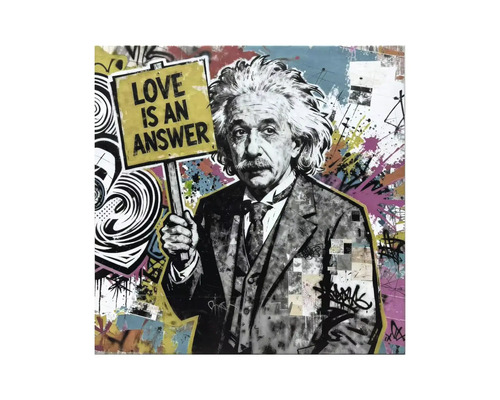 Obraz na plátně v graffiti stylu s Albertem Einsteinem držícím ceduli s nápisem Love is an answer.