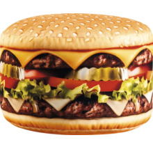 Dekorační polštář ve tvaru dvojitého cheeseburgeru z textilu s realistickým potiskem.