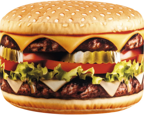 Dekorační polštář ve tvaru dvojitého cheeseburgeru z textilu s realistickým potiskem.