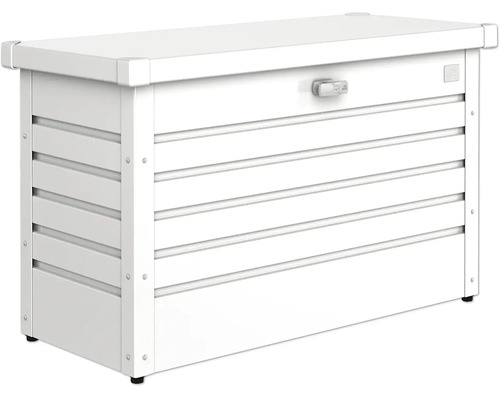 Bílý kovový zahradní box, uzamykatelný, na zahradní náčiní a polštáře.