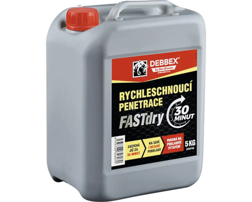 Rychleschnoucí penetrace Debbex FASTdry, 5 kilogramový kanystr, pro savé i nesavé podklady, vhodná pro podlahové vytápění.