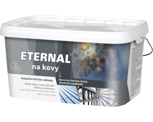 Barva ETERNAL na kovy v kbelíku pro kovové střechy, ploty a zábradlí, poskytuje ochranu proti korozi bez nutnosti základního nátěru.