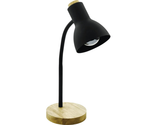 Černá stolní lampa z kovu s kulatou dřevěnou základnou a dřevěným prvkem na horní části stínítka.